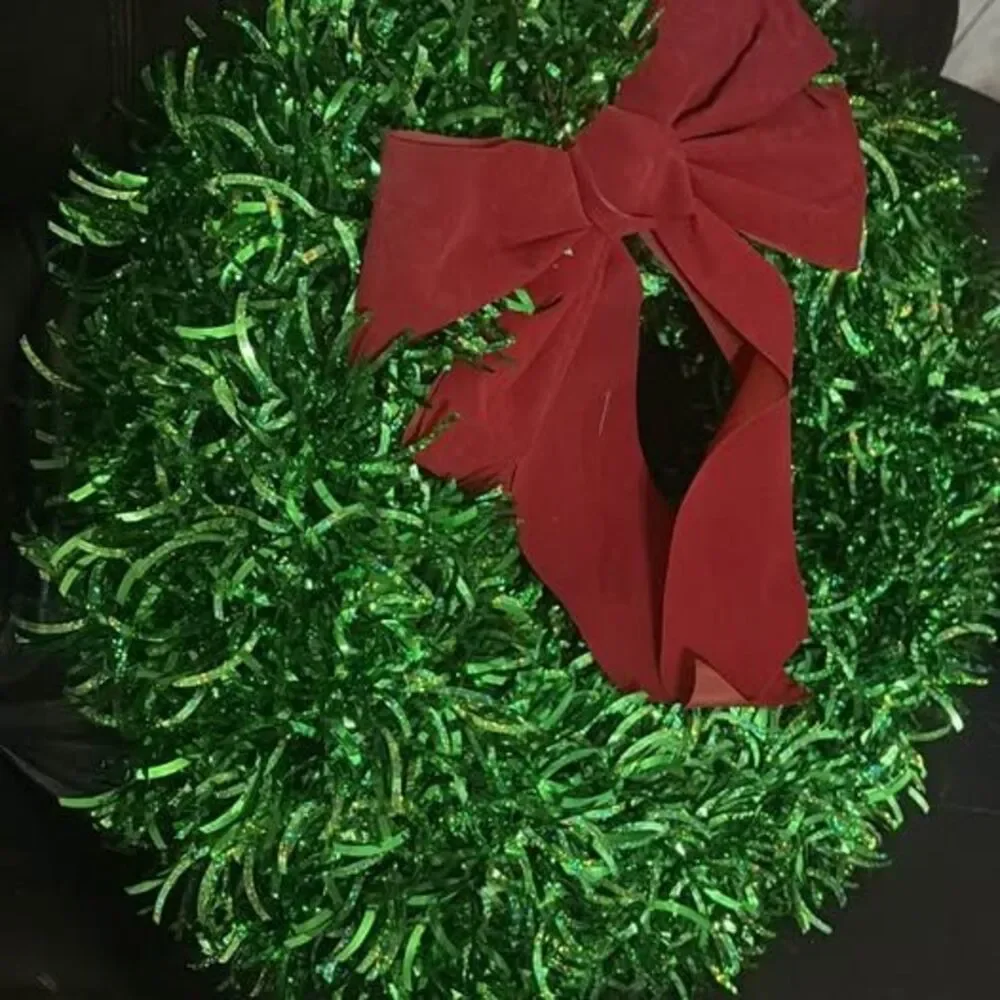 Green Tinsel Christmas Wreath with Red Bow